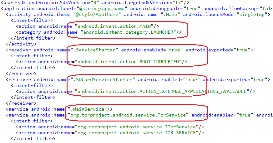 Components of the Trojan in AndroidManifest.xml