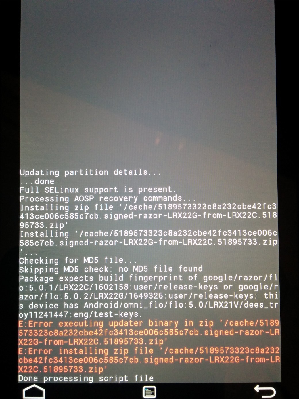 This is what response will be like when you try to make update 5.0.2 at Nexus 7 from custom recovery