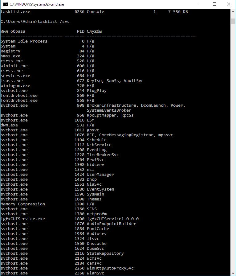 Tasklist command output sorted by services