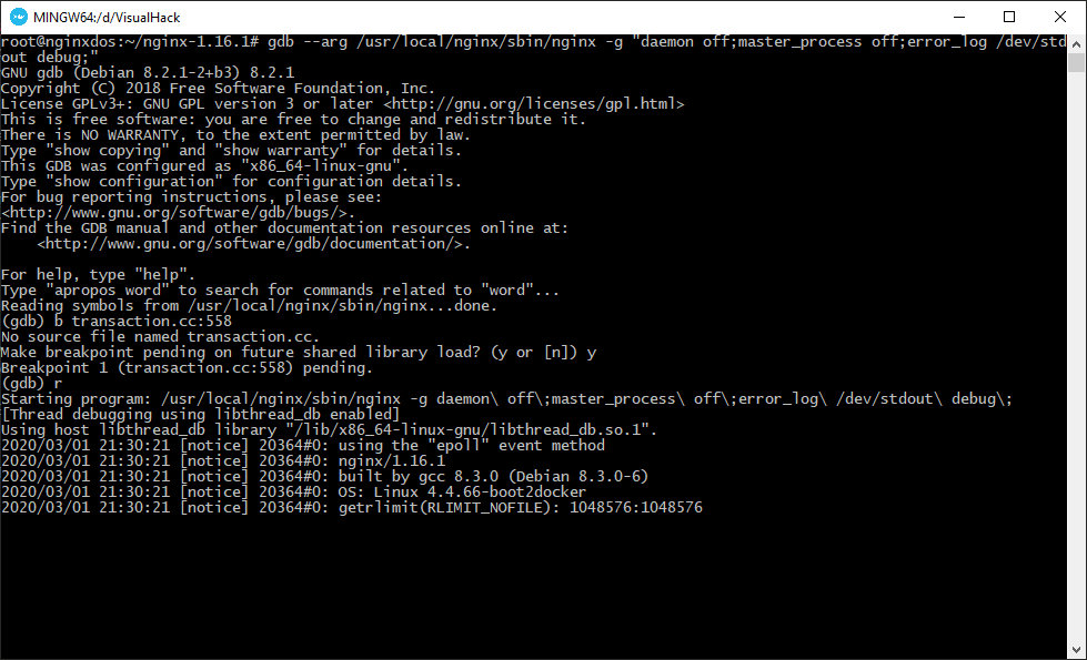 Debugging a Nginx server running with the ModSecurity library. A breakpoint has been set at the parser of cookie headers