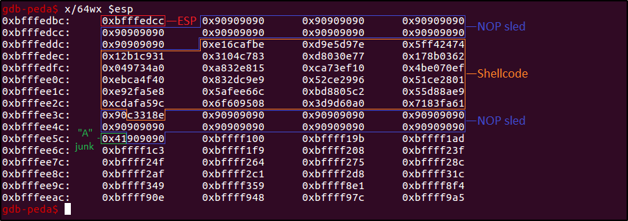 Stack layout after the shellcode injection