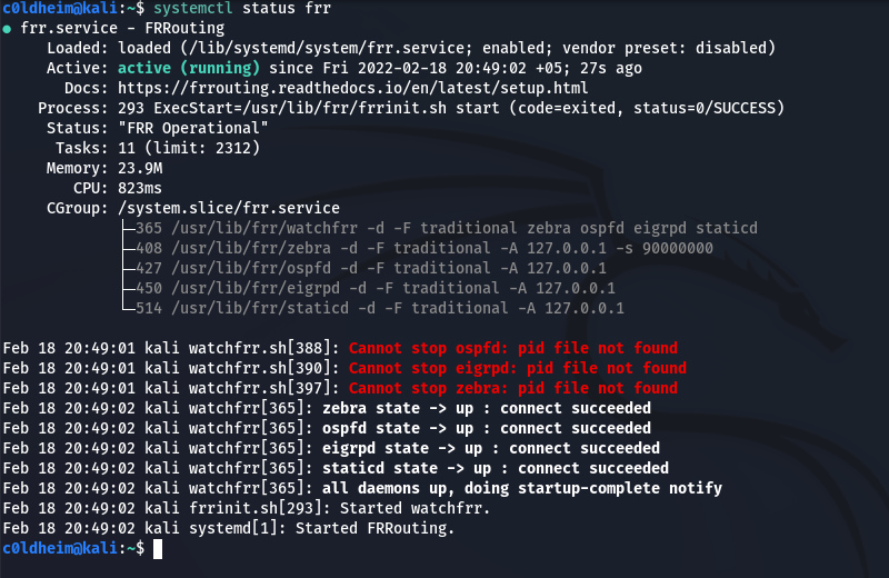 Status of the FRRouting daemon Status of the FRRouting daemon