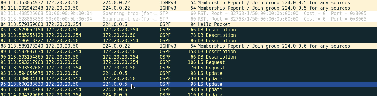 Traffic dump after connecting to the OSPF domain Traffic dump after connecting to the OSPF domain