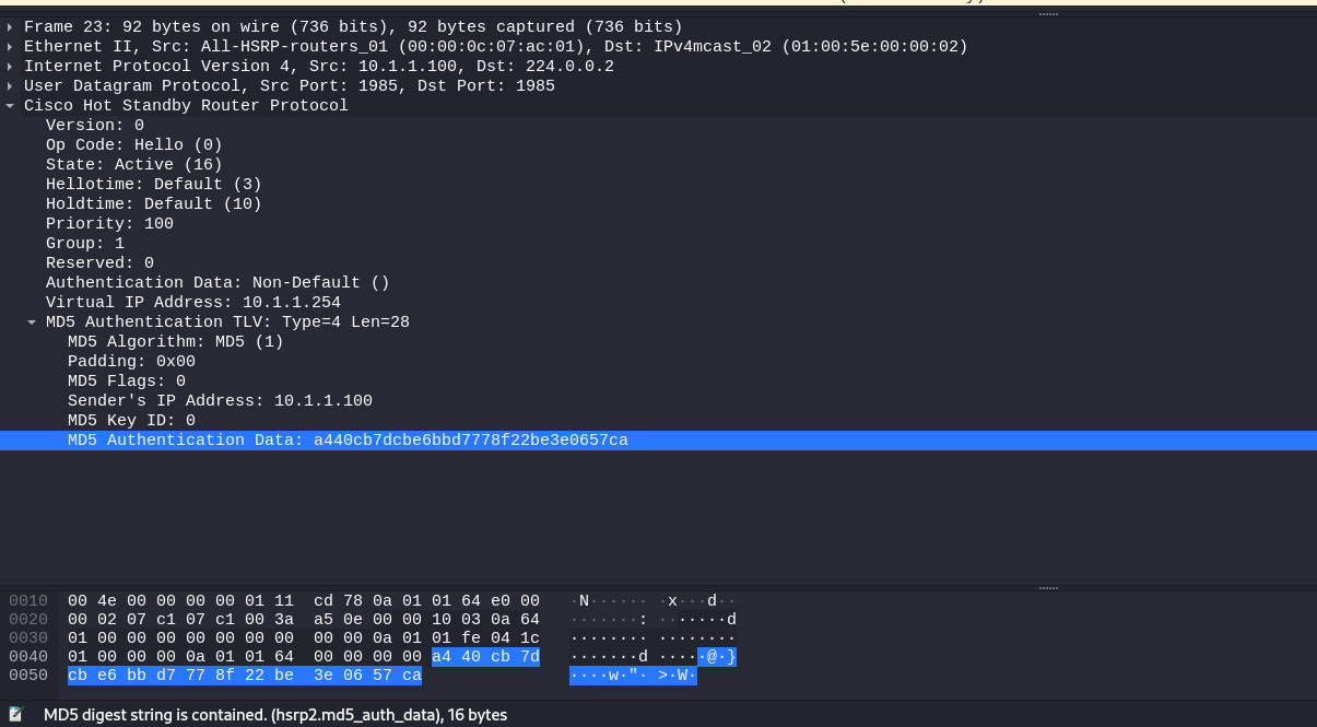 Dump of a HSRP packet with authentication Dump of a HSRP packet with authentication
