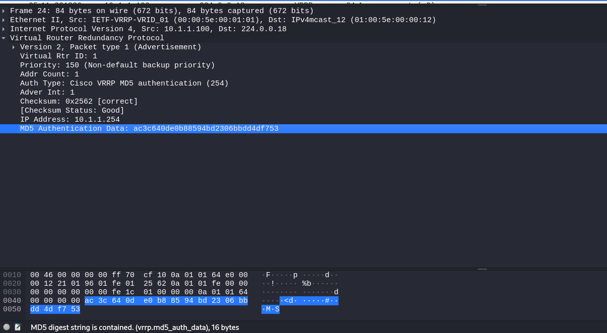 Dump of a VRRP packet with authentication Dump of a VRRP packet with authentication