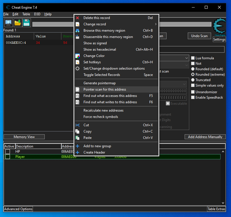 Running a pointer scan for the found address Running a pointer scan for the found address