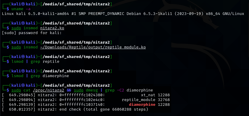 Diamorphine, nitara2, and Reptile on Linux 6.5