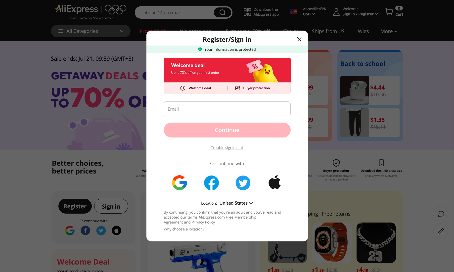 Sign in page on AliExpress