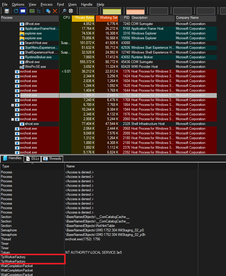 Worker Factories in the svchost.exe process