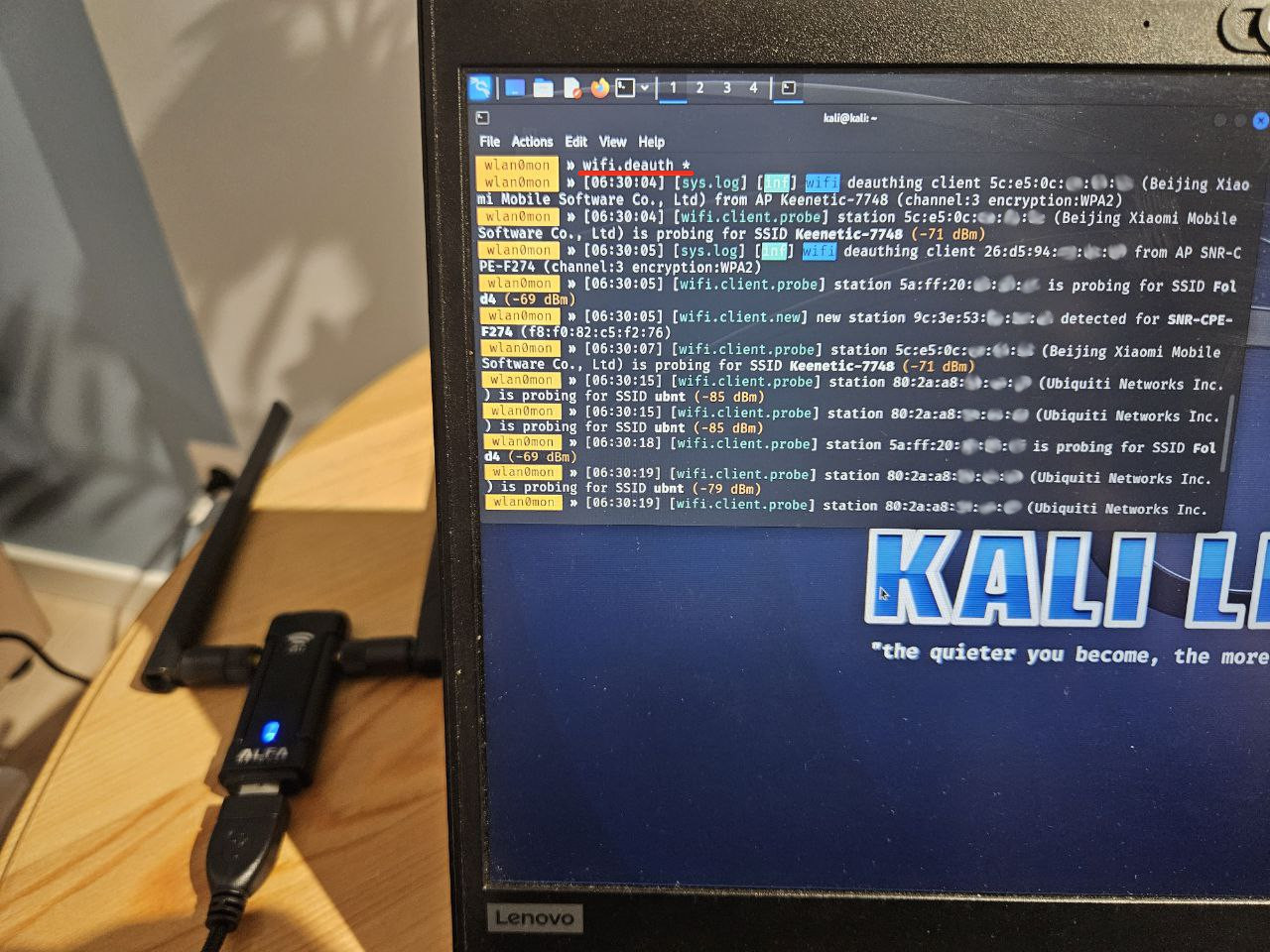 Hacker delivers a deauthentication and handshake capture attack Hacker delivers a deauthentication and handshake capture attack