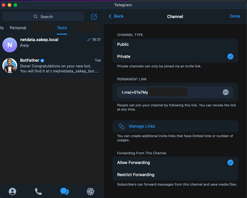 Telegram channel settings for Netdata alerts Telegram channel settings for Netdata alerts