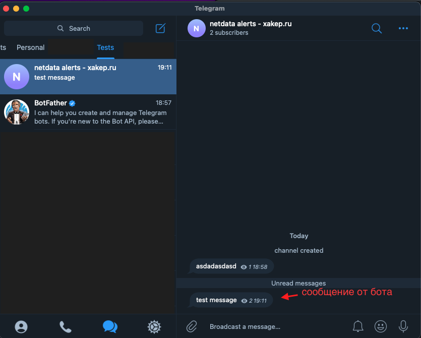 Demonstration of a test message on the channel from the bot Demonstration of a test message on the channel from the bot