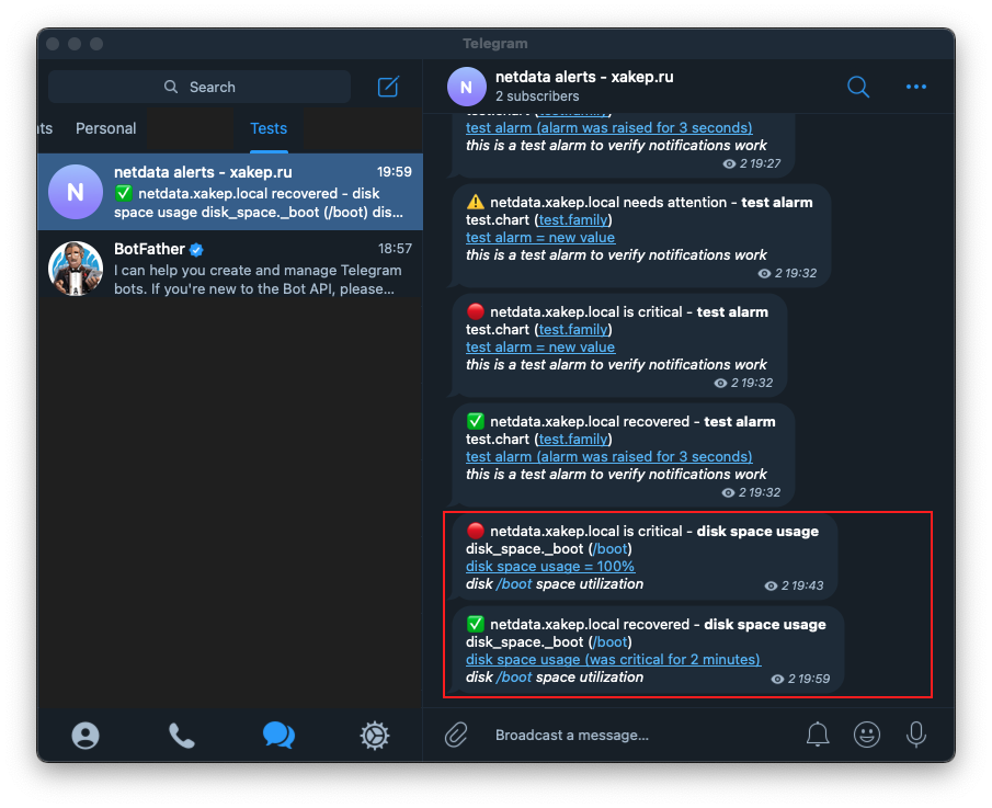 Notifications about triggers in Telegram from Netdata Notifications about triggers in Telegram from Netdata