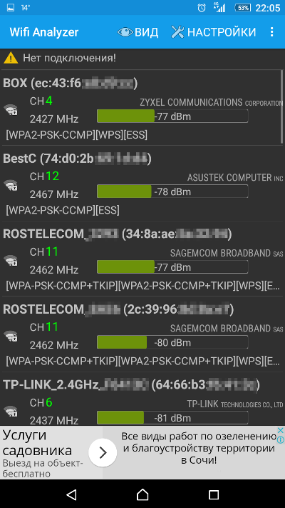 Wifi Analyzer displaying access points and their parameters Wifi Analyzer displaying access points and their parameters