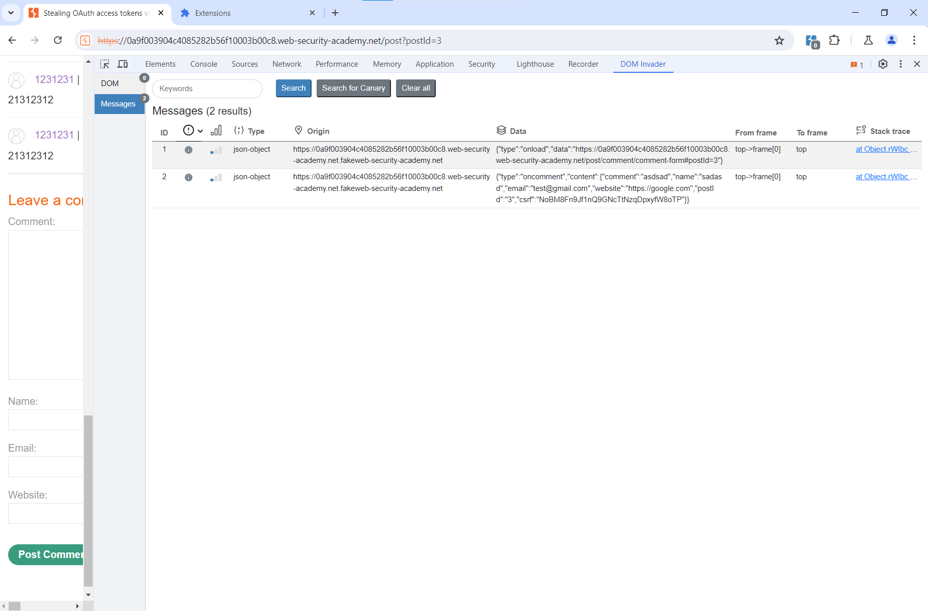 PostMessages sent to the parent window with URLs and tokens PostMessages sent to the parent window with URLs and tokens
