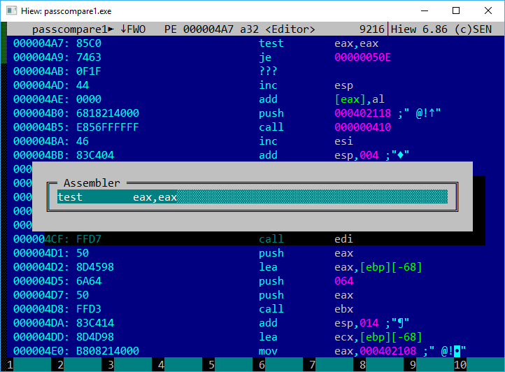 Hiew in assembly command editing mode Hiew in assembly command editing mode