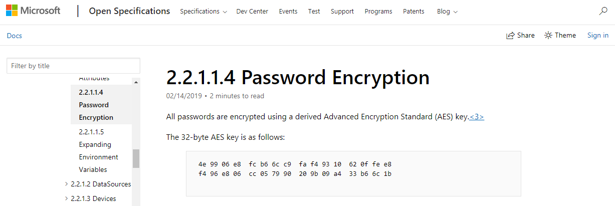 AES-256 encryption key for Groups.xml passwords published on MSDN AES-256 encryption key for Groups.xml passwords published on MSDN