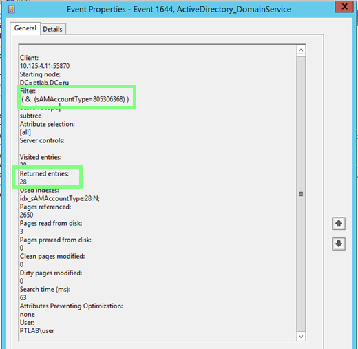 Event 1644 with LDAP query parameters Event 1644 with LDAP query parameters