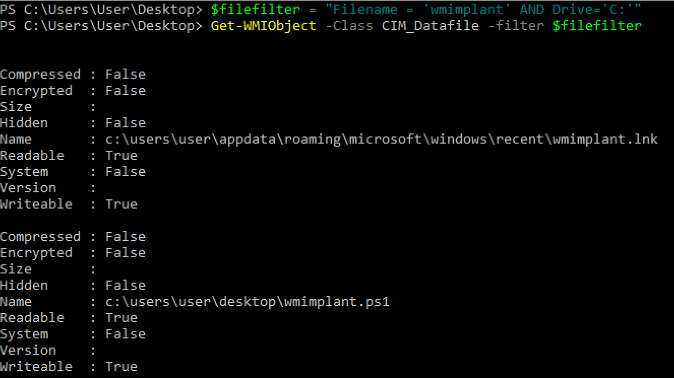 Searching for the file "wmimplant" on the C drive using WMImplant Searching for the file "wmimplant" on the C drive using WMImplant