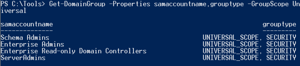 Example of searching for all universal groups in the current domain Example of searching for all universal groups in the current domain