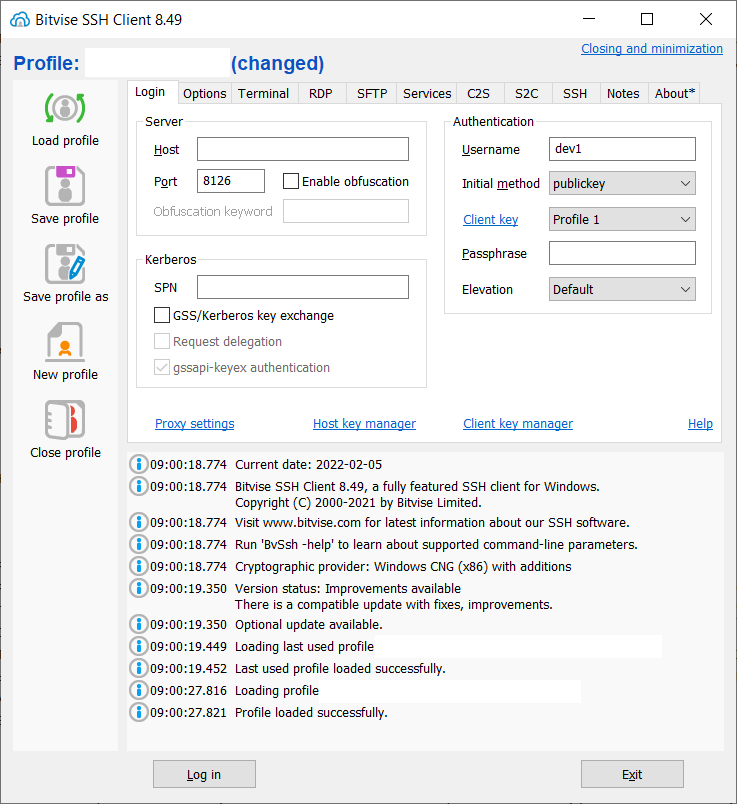 Main window of Bitvise SSH Client Main window of Bitvise SSH Client