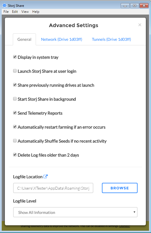 Advanced Settings in Storj Share Advanced Settings in Storj Share