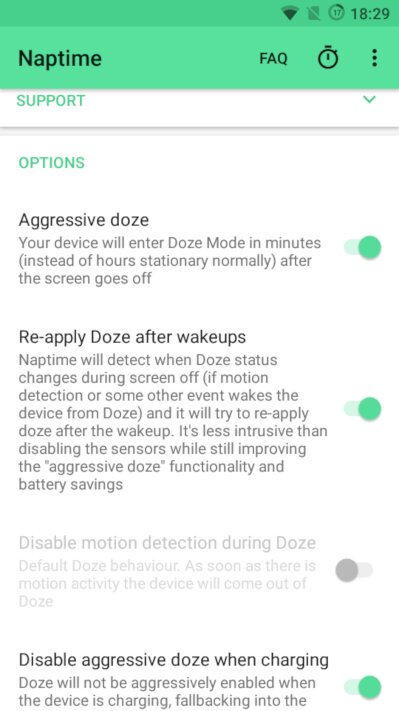 Main screen in Naptime and Doze settings in Greenify