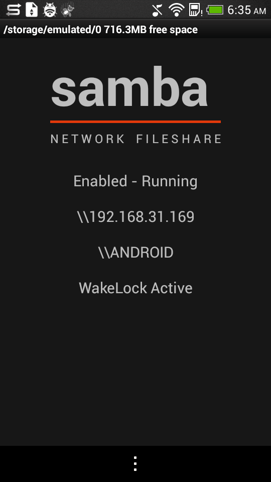 Main screen and settings of Samba Filesharing