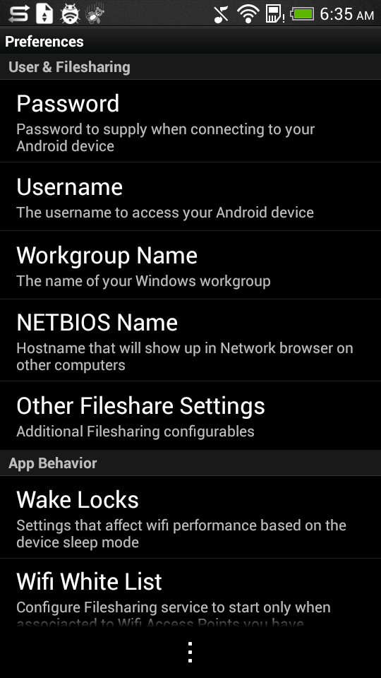 Main screen and settings of Samba Filesharing