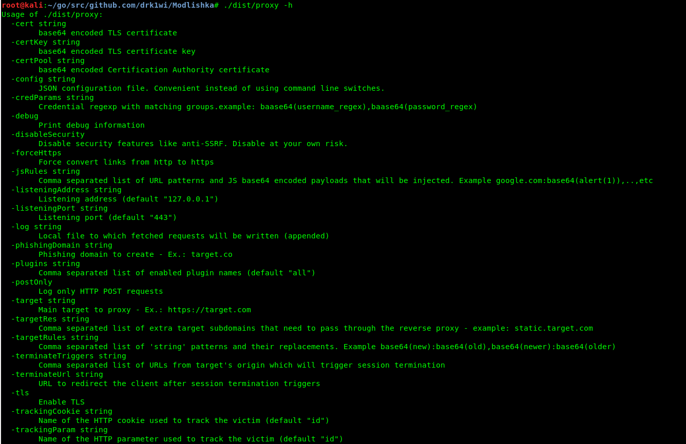 Modlishka help output Modlishka help output
