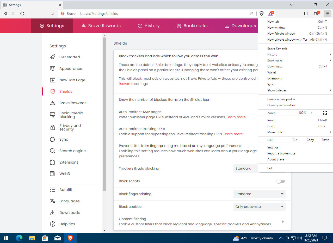 Brave privacy settings