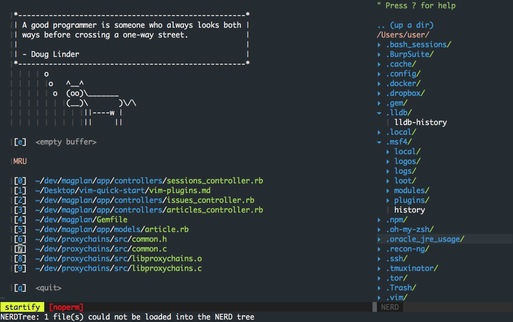 vim-startify helps you quickly jump back into a working file or a session