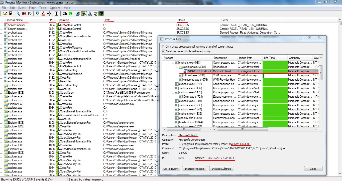 Main window of the Process Monitor utility