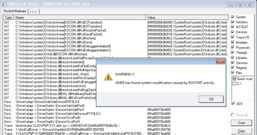 GMER window with rootkit scan results