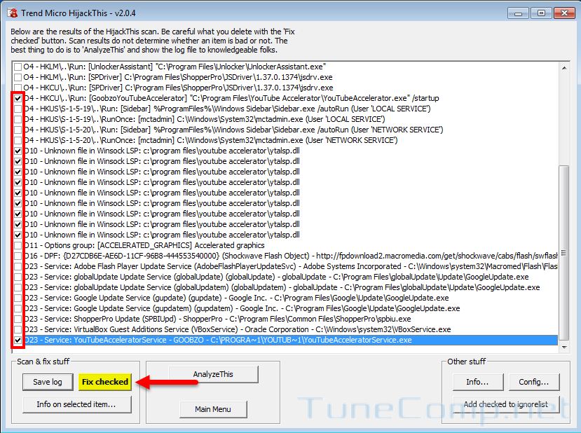 HijackThis window with rootkit scan results