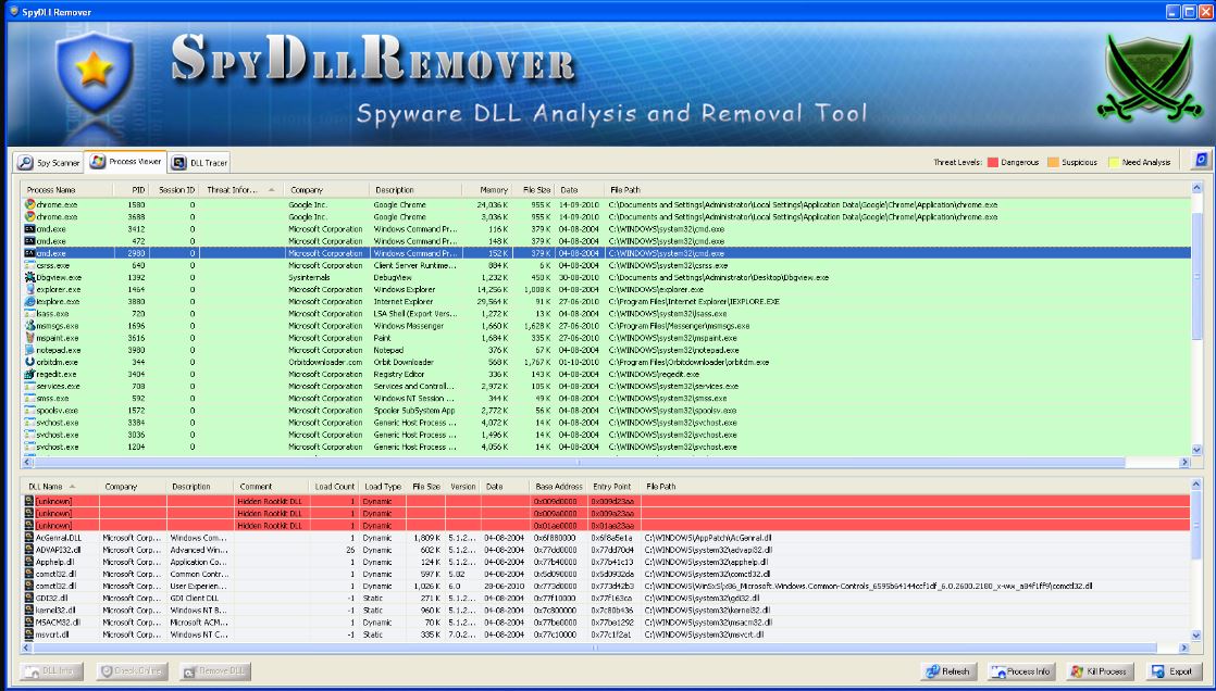 Viewing suspicious processes in SpyDllRemover