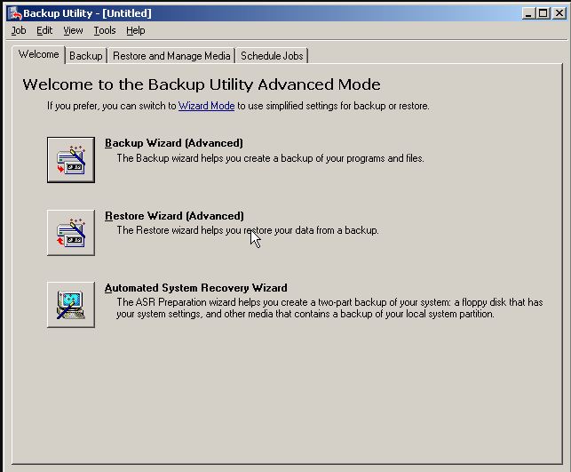 NTBackup utility interface