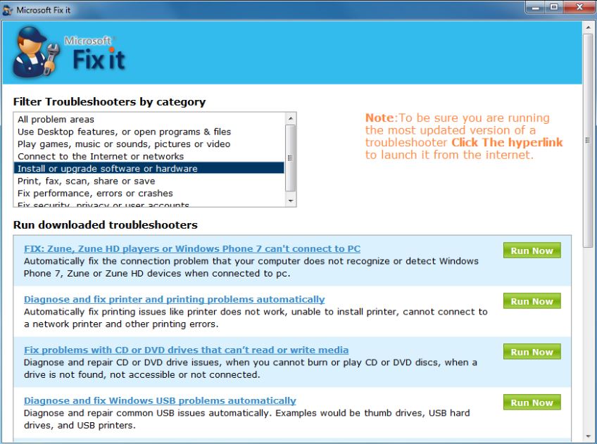 Microsoft Easy Fix utility window