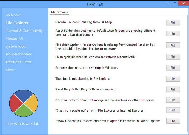 FixWin 10 utility window