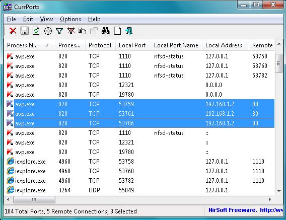 NirSoft CurrPorts window