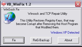 WinSock XP Fix utility window