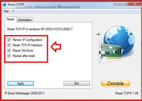 Reset TCPIP utility window