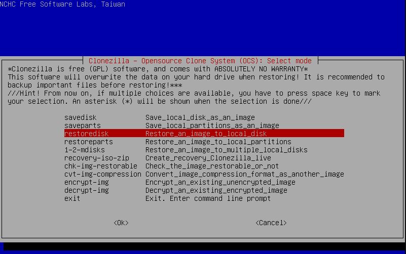 Clonezilla interface