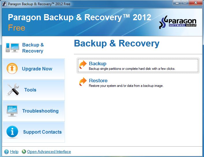 Paragon Backup & Recovery 16 Free Edition interface