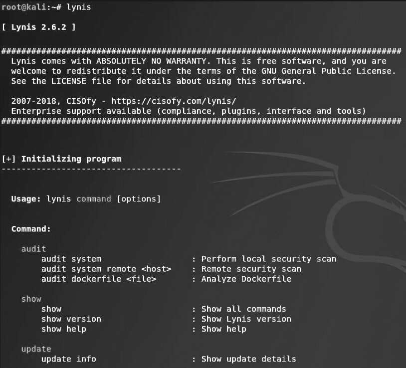 Figure 6.25. List of Lynis command options Figure 6.25. List of Lynis command options