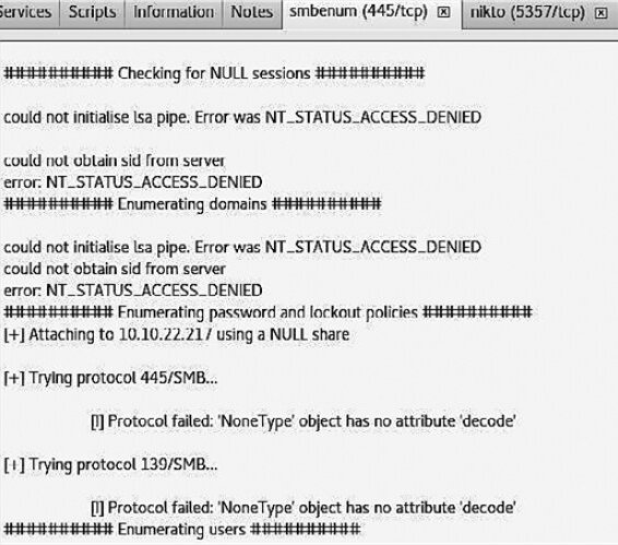Figure 6.37. Scan report generated by the smbenum tool (TCP/445) Figure 6.37. Scan report generated by the smbenum tool (TCP/445)